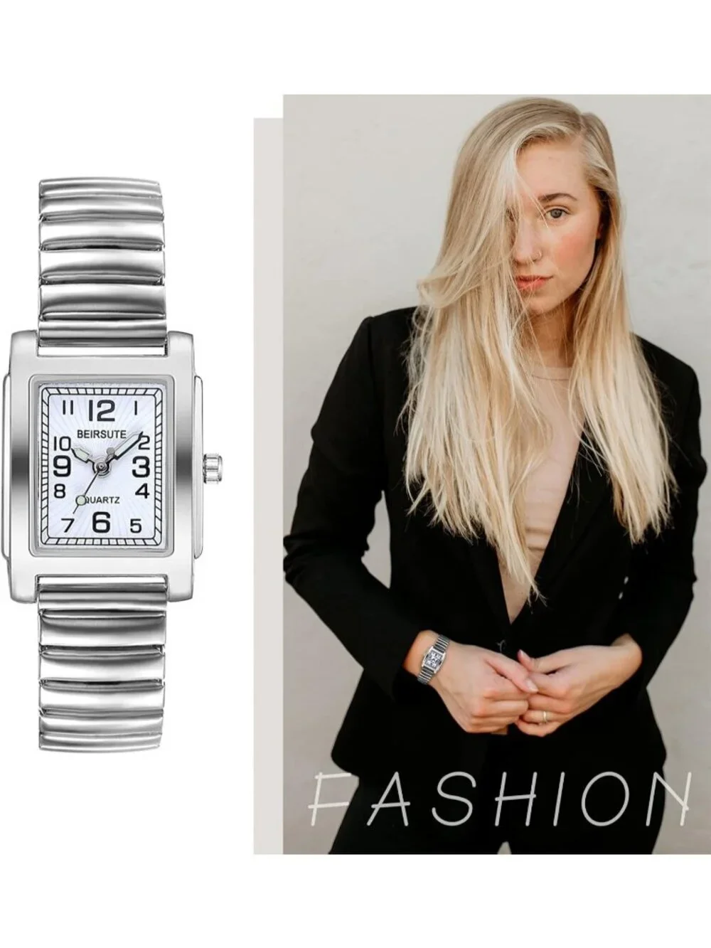 Women's Silver Analog Quartz Small Dial Easy Reader Stretch Band Square Watch